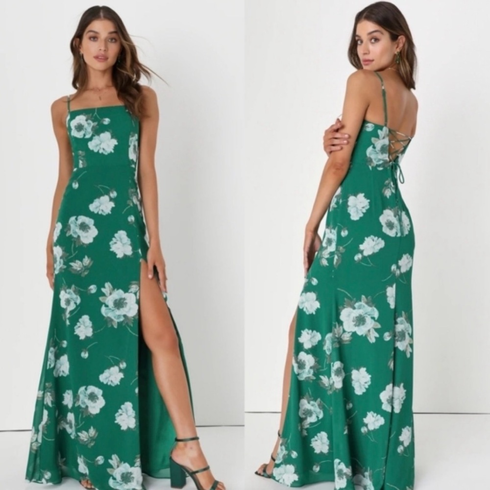 Lulus Feeling Elegant Green Floral Print Lace-Up Slit Maxi Dress size L